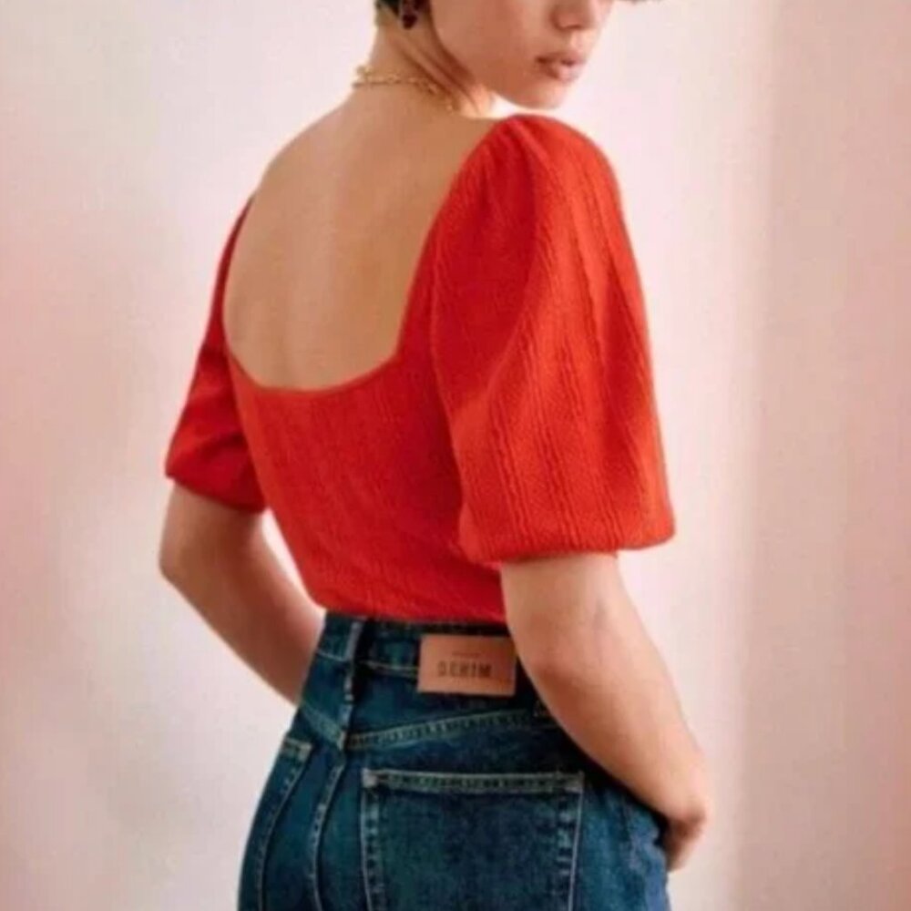 NWT Sezane Alessia Top Red Rouge‎ Puff Sleeve Cable Knit French XS/S/M